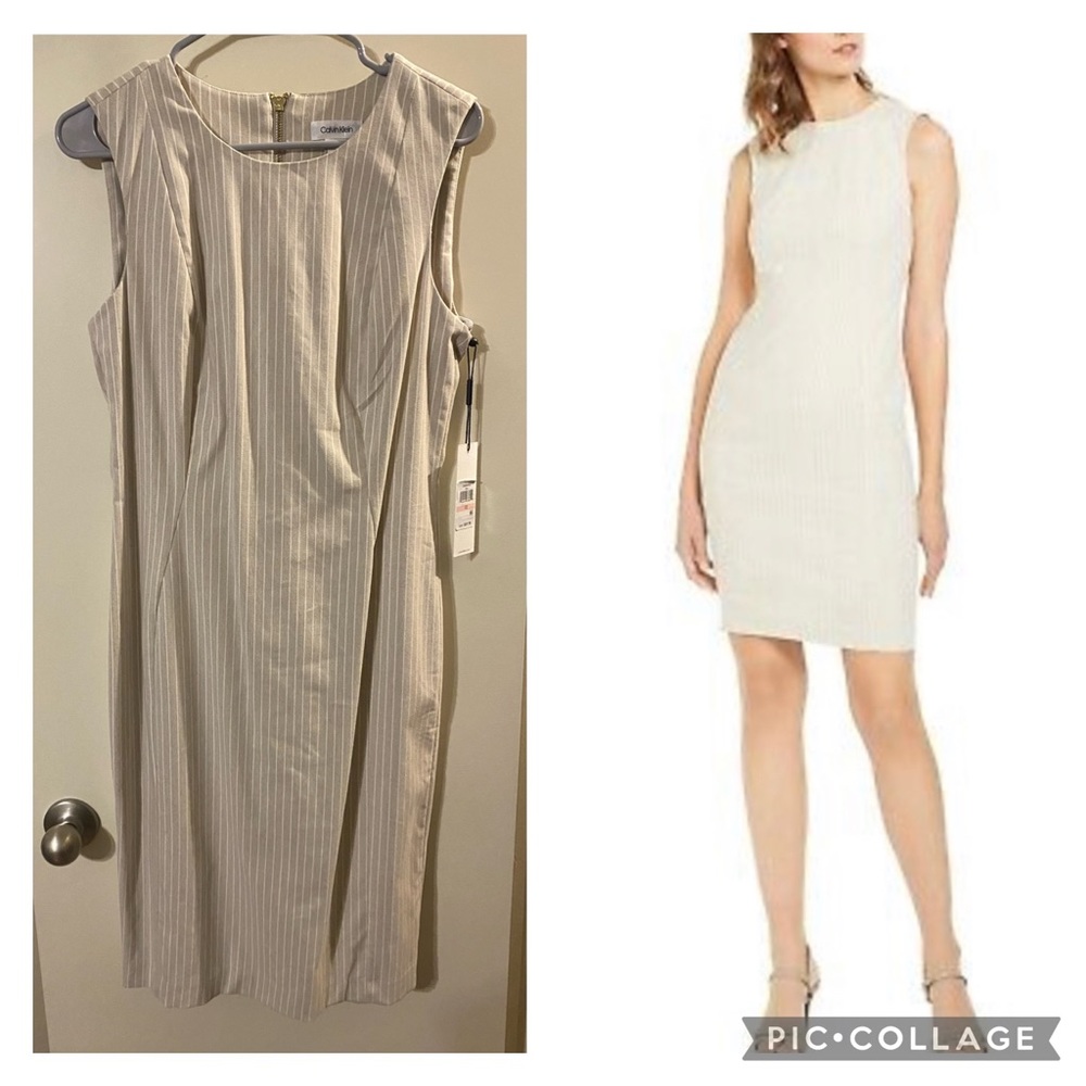 Calvin Klein Khaki/White Striped Sleeveless Dress